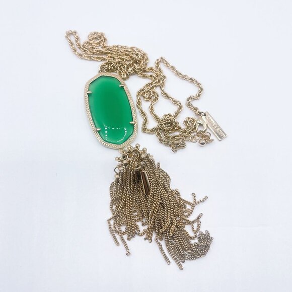 Kendra Scott Long Gold Chain Necklace With Green Oval Pendant & Tassel - Picture 2 of 6